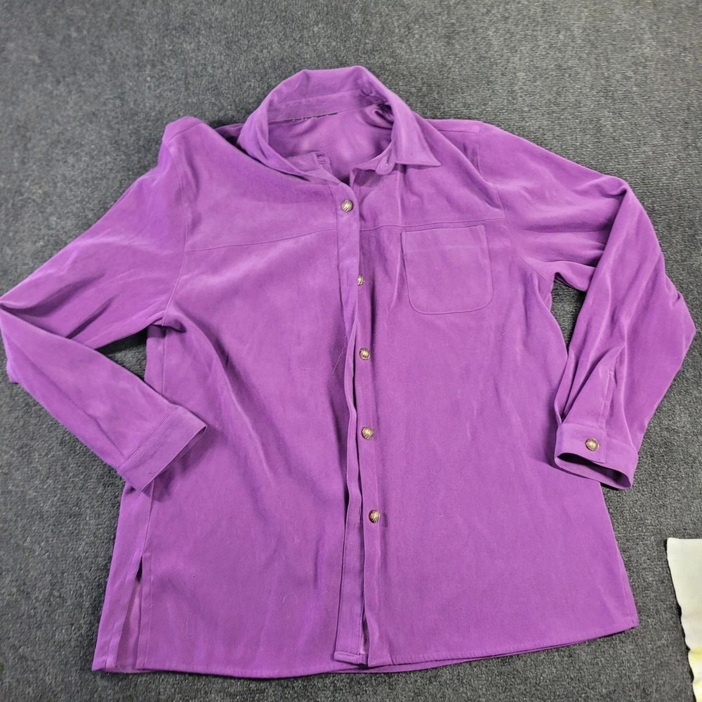 Purple Faux Suede Button Up Shirt Gold Buttons Long Sleeve Pocket Top